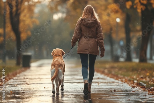 Finding Solace: Woman Walking Her Dog in Serene Park While Receiving Emotional Support photo