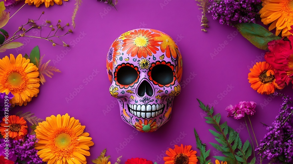 A sugar skull decorated with flowers sits in the center of a purple background surrounded by orange, yellow, and purple flowers.