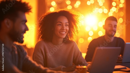 Group of Friends Enjoying Evening Together with Laptops and Warm Lighting