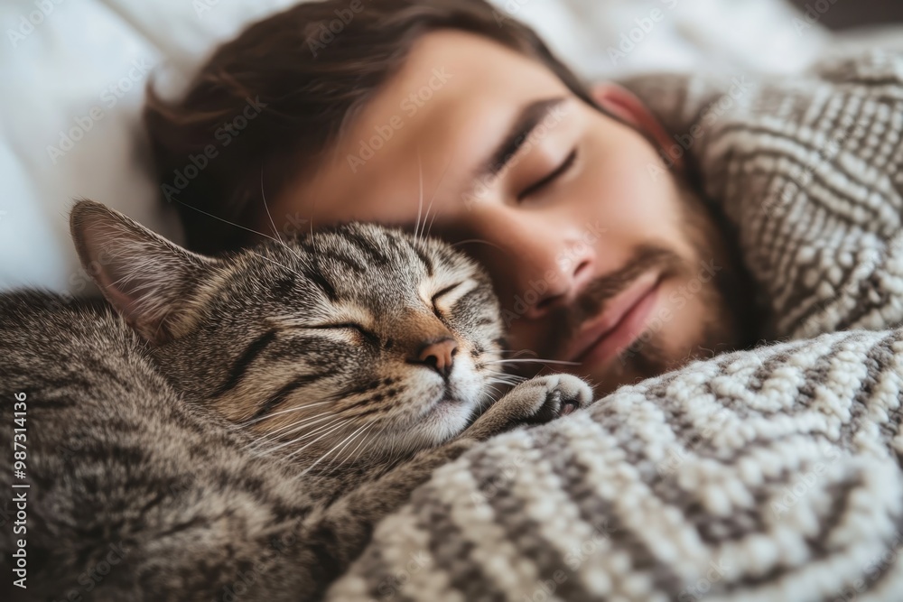 Comfort and Connection: Man Being Emotionally Supported by Holding his Cat in Bed Comfort and Connection: Man Being Emotionally Supported by Holding his Cat in Bed