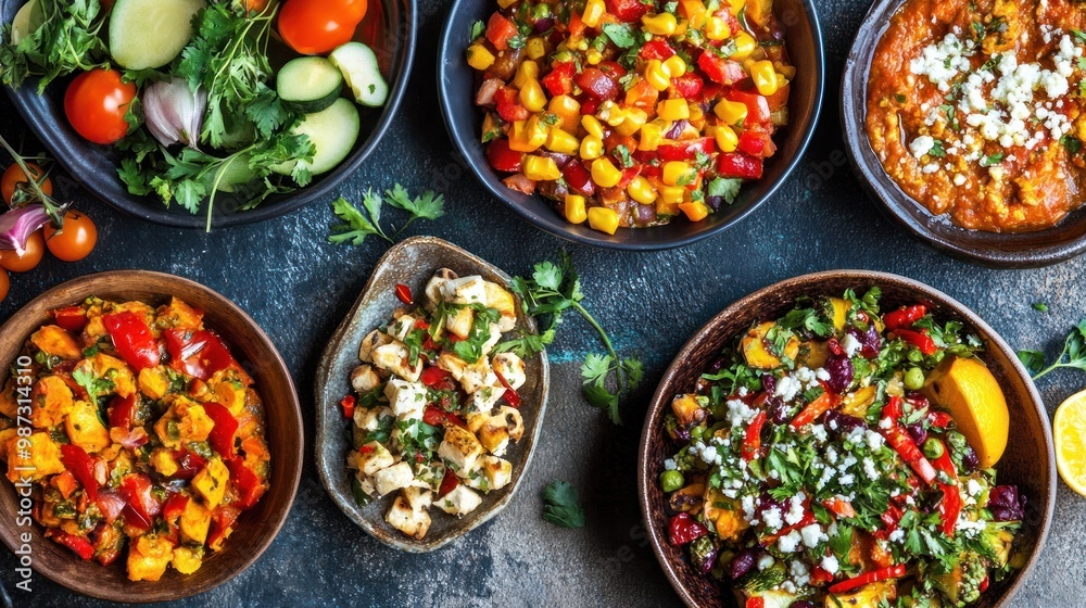 A set of mouth-watering vegan recipes with colorful plant-based dishes, incorporating seasonal produce and bold flavors A set of mouth-watering vegan recipes with colorful plant-based dishes, incorporating seasonal produce and bold flavors