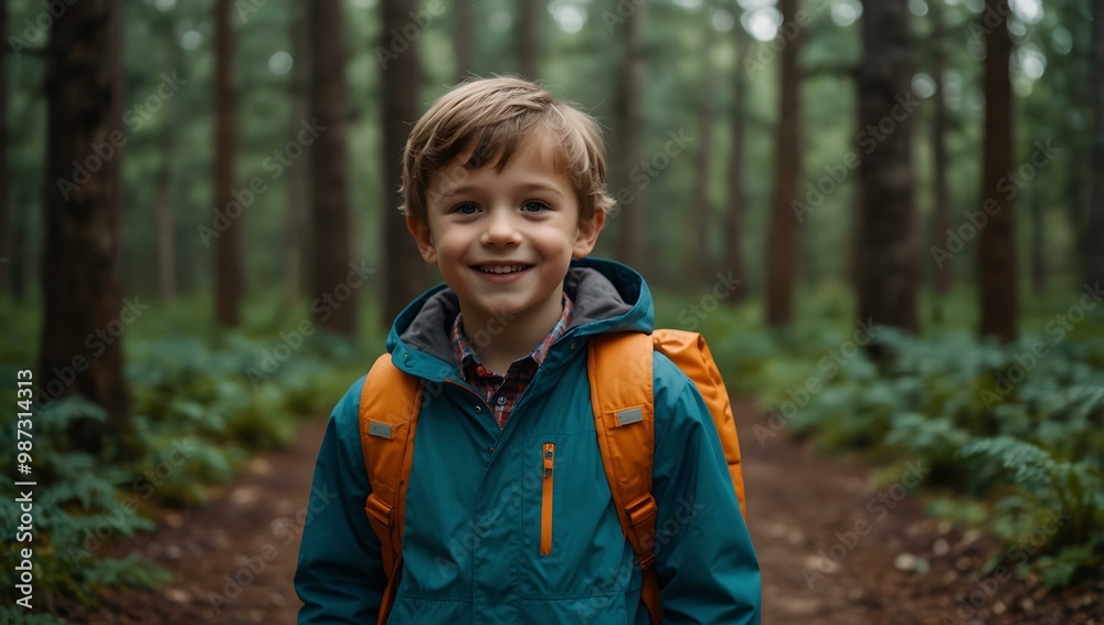 A cheerful boy in a bright jacket stands ready for adventure in a whimsical forest. A cheerful boy in a bright jacket stands ready for adventure in a whimsical forest.