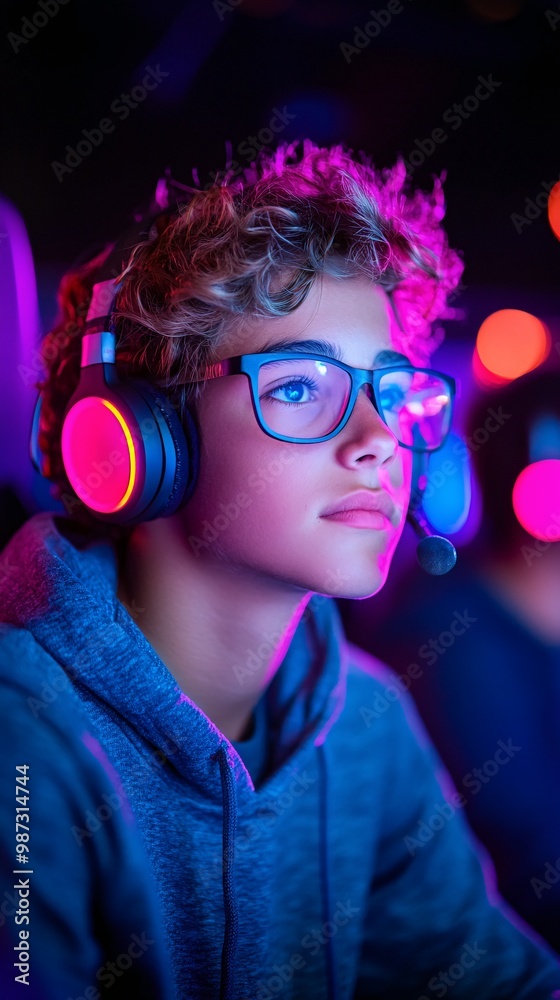 Teenage Boy Wearing Headset and Glasses Playing Video Game in Arcade Teenage Boy Wearing Headset and Glasses Playing Video Game in Arcade