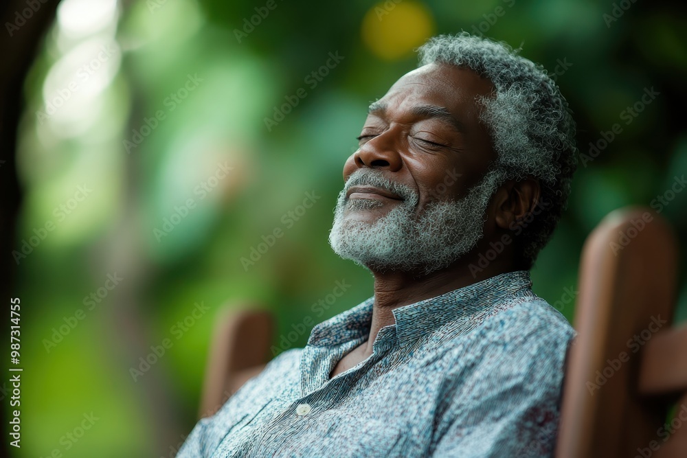 Serene Senior African American Man Finding Peace on Bench, Controlling Anxiety with Deep Breaths Serene Senior African American Man Finding Peace on Bench, Controlling Anxiety with Deep Breaths