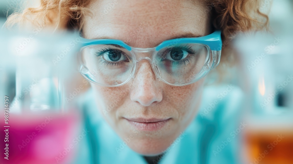A young scientist with curly red hair and safety goggles examines colorful chemical samples in a laboratory, demonstrating focus and scientific curiosity. A young scientist with curly red hair and safety goggles examines colorful chemical samples in a laboratory, demonstrating focus and scientific curiosity.