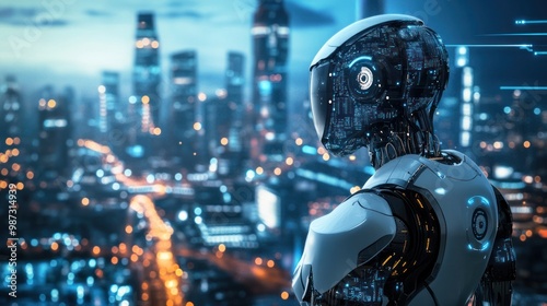 A smart city equipped with AI robots for waste management, security patrols, and infrastructure monitoring, highlighting technological advancement photo