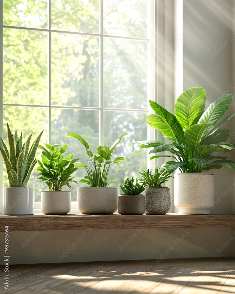 Indoor Plants on Sunny Windowsill with Soft Natural Light in Modern Home Indoor Plants on Sunny Windowsill with Soft Natural Light in Modern Home