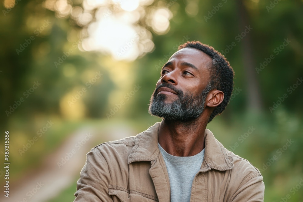 Inner Peace Journey: Middle-aged Black man practicing mindful walking to reduce anxiety on a serene path Inner Peace Journey: Middle-aged Black man practicing mindful walking to reduce anxiety on a serene path