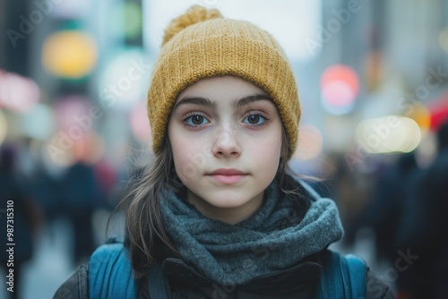 Serene Teenage Girl Walking Through Busy City Street to Overcome Anxiety