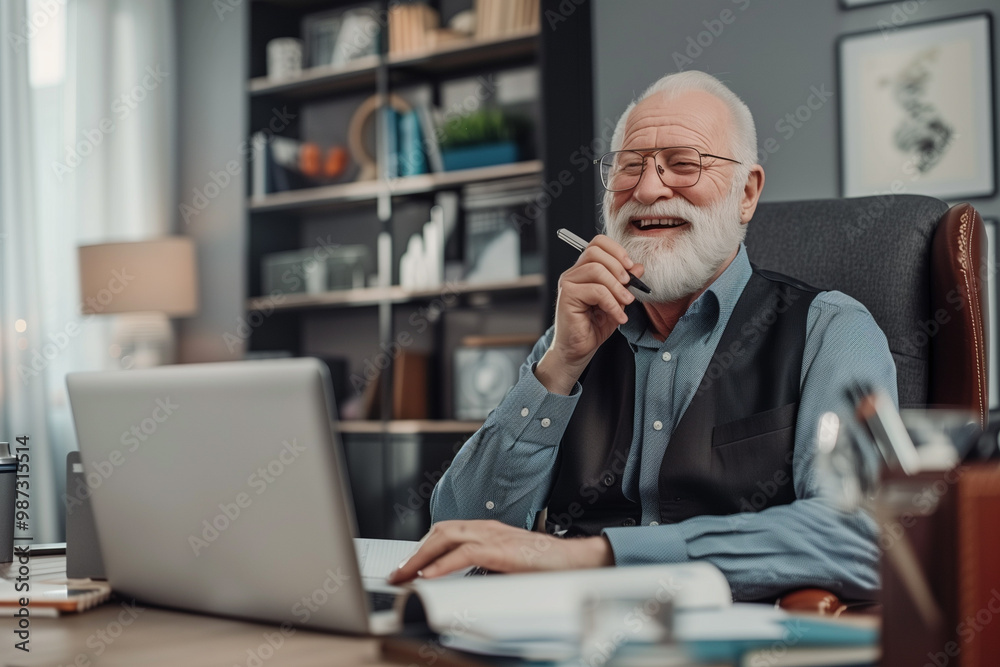 Elderly man focused on working with his laptop at home. perfect for illustrating senior engagement with technology, remote work, or lifelong learning.