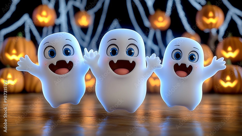 Obraz premium Three Cute Halloween Ghosts with Jack O Lanterns