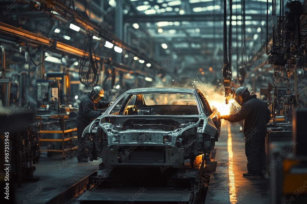 Car production line workers working on car bodies in a factory, with sparks flying from welding and visible cables hanging above the roofs of the cars being built. Generative AI Car production line workers working on car bodies in a factory, with sparks flying from welding and visible cables hanging above the roofs of the cars being built. Generative AI