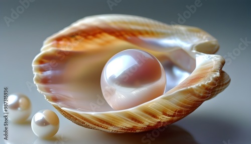 Lustrous pearls nestled in a delicate seashell, embodying beauty, elegance, and the preciousness of natures treasures photo