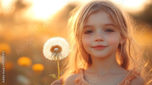 A little girl with blonde hair and blue eyes smiles sweetly as she holds a dandelion in a field of wildflowers at sunset.