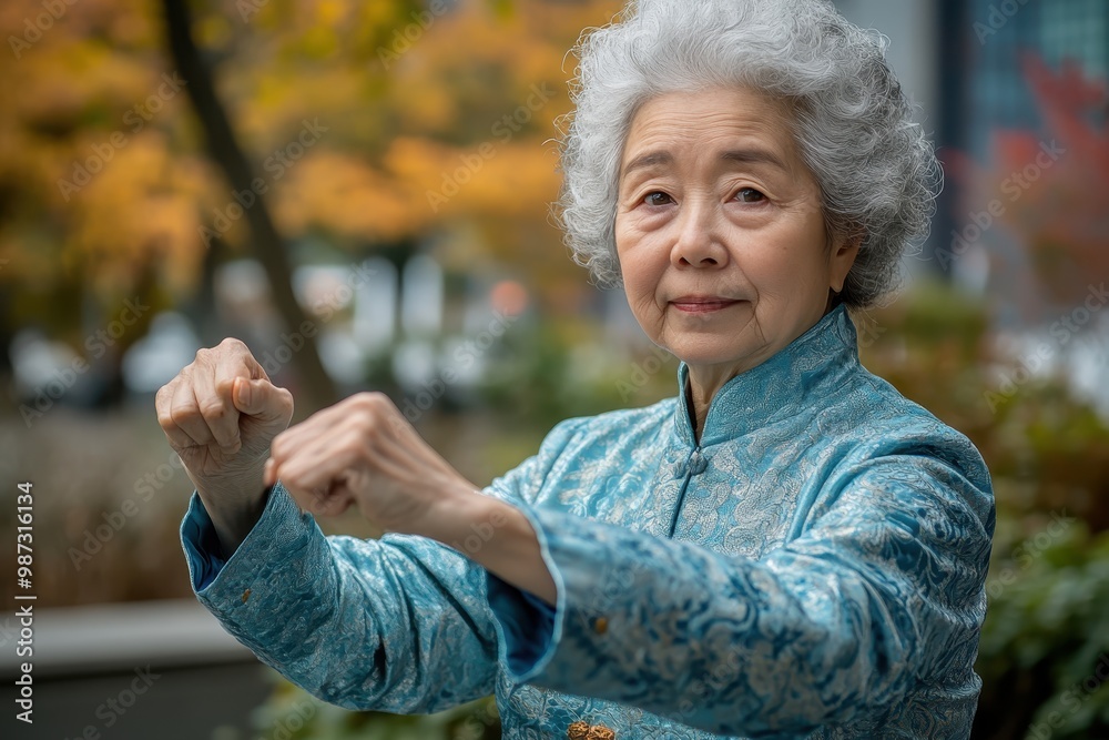 Serene Elderly East Asian Woman Finding Calm Through Tai Chi Practice in Peaceful Park Setting Serene Elderly East Asian Woman Finding Calm Through Tai Chi Practice in Peaceful Park Setting