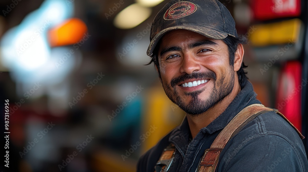 Smiling Hispanic male gas station worker at the pump, outdoor setting
Smiling Hispanic male gas station worker at the pump, outdoor setting