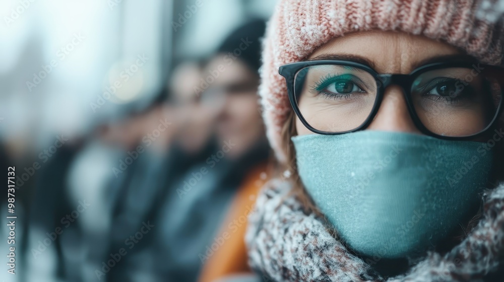 A woman with glasses and a pink hat, wearing a face mask, faces the camera with a serious expression, amidst a row of blurred, anonymous people in the background. A woman with glasses and a pink hat, wearing a face mask, faces the camera with a serious expression, amidst a row of blurred, anonymous people in the background.