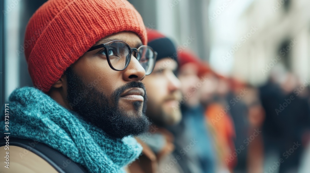 An individual in a red knit hat and scarf, standing among a crowd of people in winter attire, focusing on warmth and togetherness in a bustling outdoor scene. An individual in a red knit hat and scarf, standing among a crowd of people in winter attire, focusing on warmth and togetherness in a bustling outdoor scene.