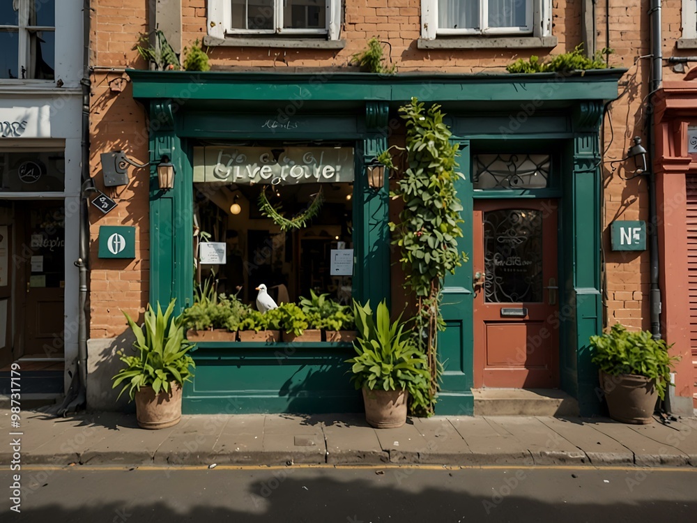 A friendly bird and a quaint shopfront are surrounded by greenery.
