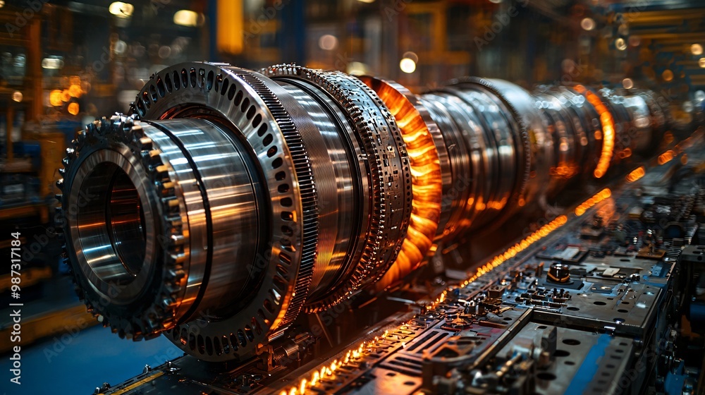 Professional team working on turbine engine parts assembly and alignment Professional team working on turbine engine parts assembly and alignment