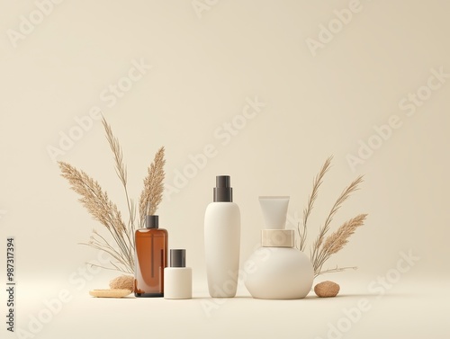 A serene arrangement of skincare products with elegant bottles, complemented by natural elements against a soft beige background.