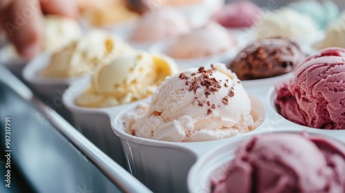 A close-up photo showcases a variety of ice cream scoops in assorted flavors and colors, beautifully arranged in cups, highlighting the texture and creamy richness of the treats.