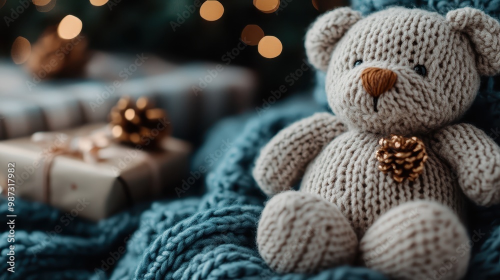 A charming, hand-knitted teddy bear with golden pine cones on a soft, blue blanket, set against a background of twinkling lights, creating a warm, festive atmosphere. A charming, hand-knitted teddy bear with golden pine cones on a soft, blue blanket, set against a background of twinkling lights, creating a warm, festive atmosphere.