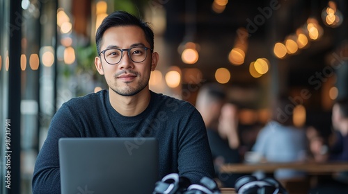 Young Professional Man Working on Laptop in Cozy Modern Cafe