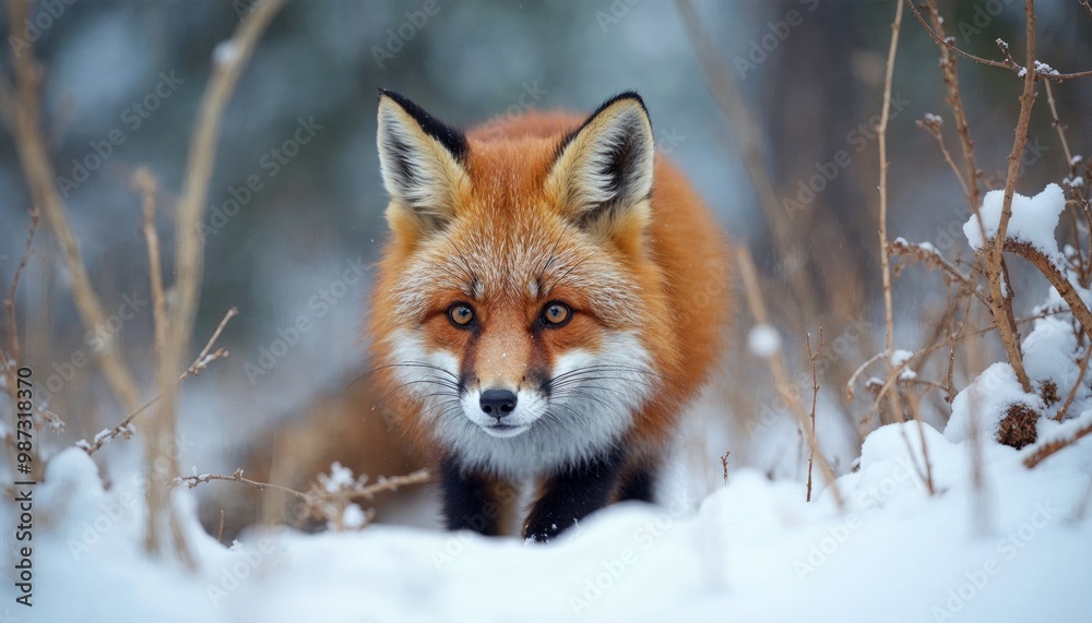 Red Fox with intense eyes staring at camera, in a snowy forest.