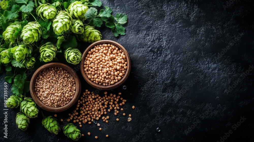 The image displays fresh hops and mustard seeds placed in bowls on a dark, textured background, emphasized by their vibrant green and brown hues. The image displays fresh hops and mustard seeds placed in bowls on a dark, textured background, emphasized by their vibrant green and brown hues.