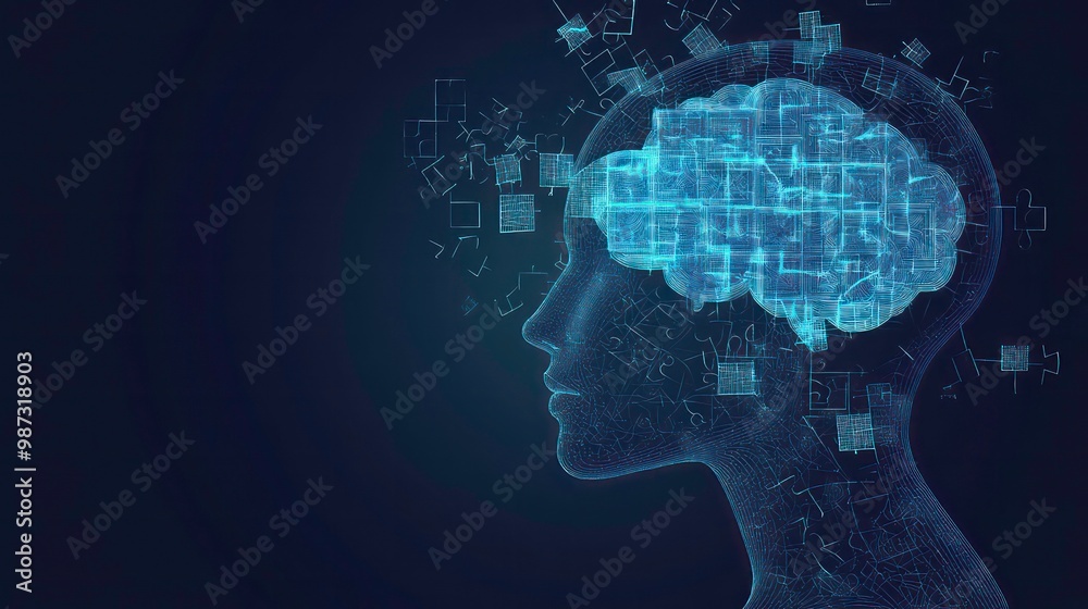 Abstract human head silhouette with a brain in the form of a network of lines against a dark background. Abstract human head silhouette with a brain in the form of a network of lines against a dark background.