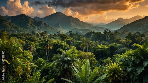 A Jamaican paradise with towering peaks and vibrant vegetation.