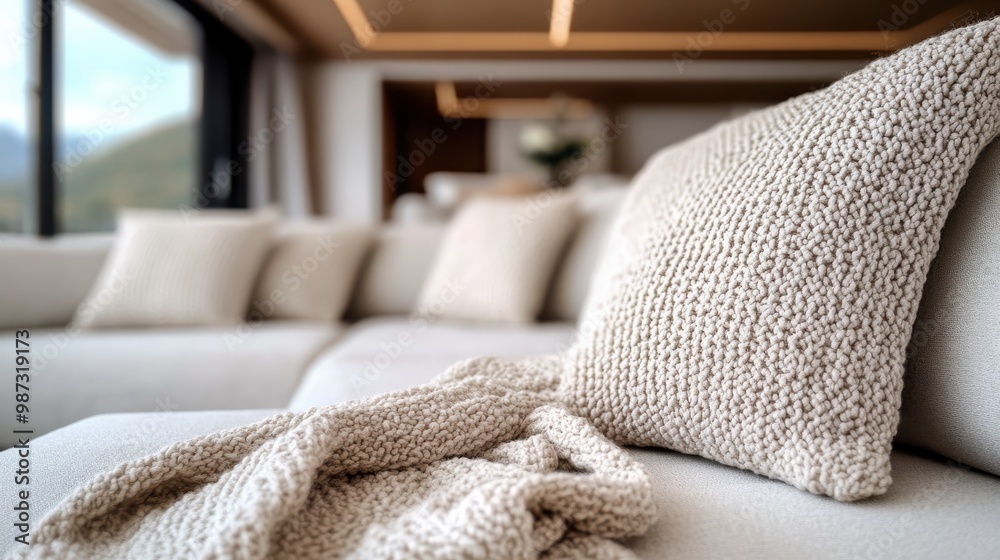 A close-up view of a white sofa adorned with cozy knitted pillows and a matching throw, showcasing a serene and inviting interior decor perfect for relaxation and comfort. A close-up view of a white sofa adorned with cozy knitted pillows and a matching throw, showcasing a serene and inviting interior decor perfect for relaxation and comfort.