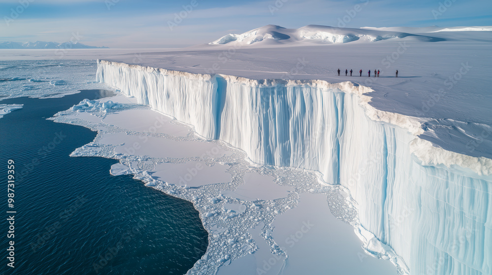 A large, beautiful glacier is melting and small pieces of ice are flowing down to form a sheet below. A large, beautiful glacier is melting and small pieces of ice are flowing down to form a sheet below.