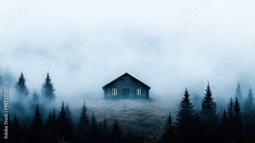 A peaceful image of a solitary cabin situated within a dense forest, surrounded by a serene fog that enhances the overall tranquil ambiance and secluded feel.