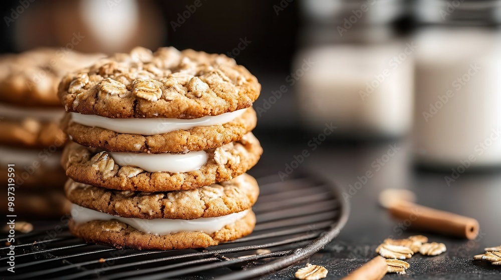 A close view of oatmeal sandwich cookies filled with a thick creamy layer, resting on a cooling rack with some oats scattered around and blurred background elements. A close view of oatmeal sandwich cookies filled with a thick creamy layer, resting on a cooling rack with some oats scattered around and blurred background elements.