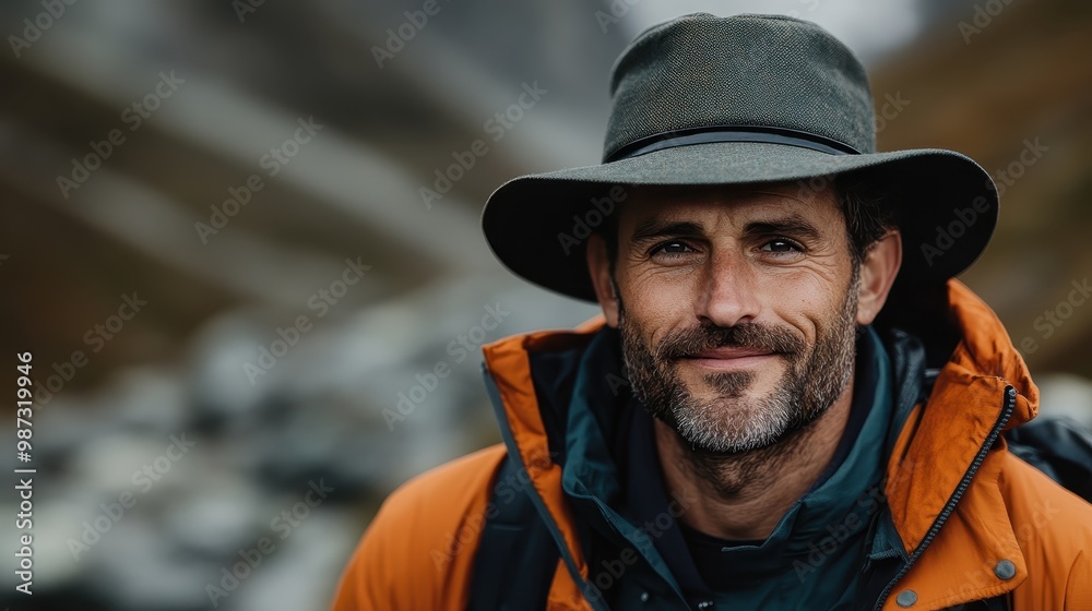 A bearded man wearing a hat and orange jacket stands outside smiling, embodying adventure and resilience against a blurred backdrop of natural scenery. A bearded man wearing a hat and orange jacket stands outside smiling, embodying adventure and resilience against a blurred backdrop of natural scenery.