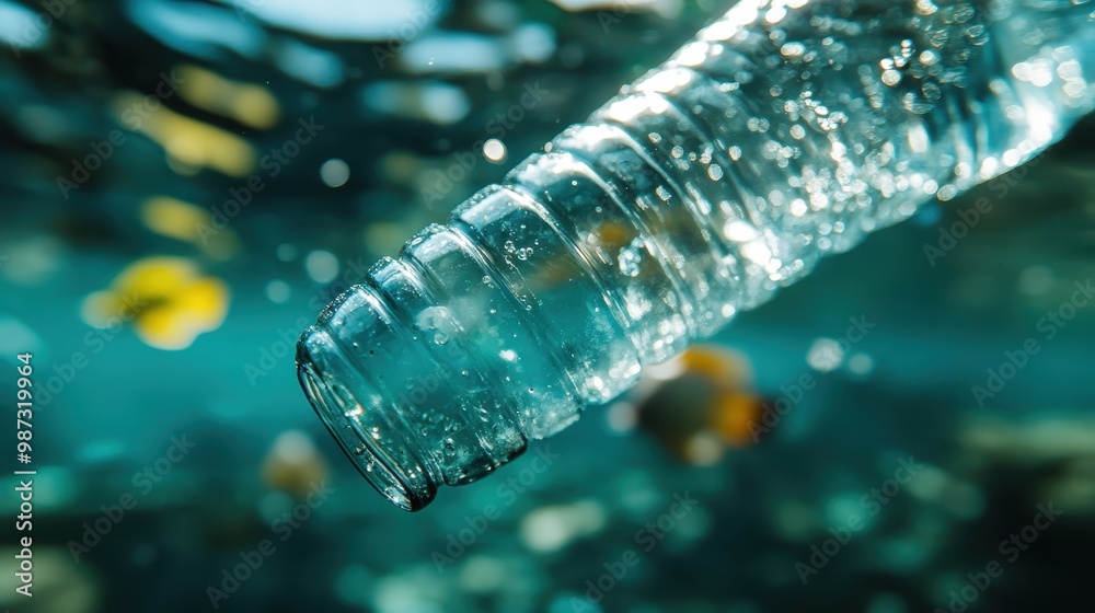 A plastic bottle is floating in the underwater environment, highlighting the issue of ocean pollution and its impact on marine life. Colorful fish are visible in the background. A plastic bottle is floating in the underwater environment, highlighting the issue of ocean pollution and its impact on marine life. Colorful fish are visible in the background.