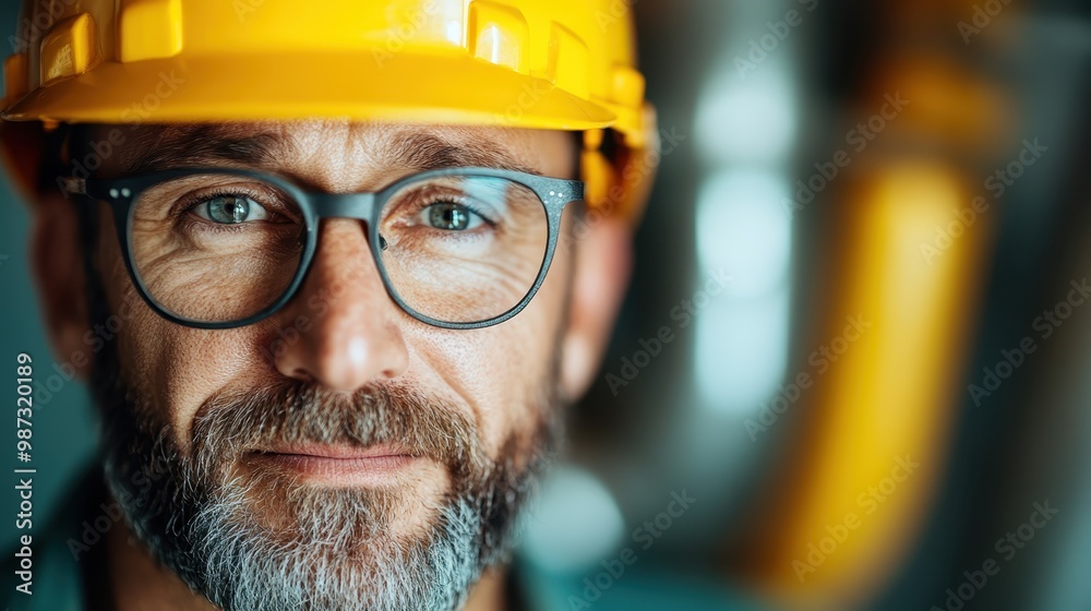 A mature man in glasses and a hard hat peers into the distance, embodying focus and professionalism, set against an industrial backdrop with a subtle color scheme. A mature man in glasses and a hard hat peers into the distance, embodying focus and professionalism, set against an industrial backdrop with a subtle color scheme.