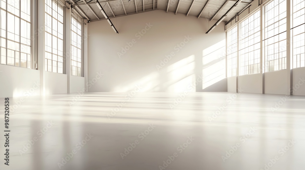 Large empty industrial warehouse space with high ceilings, bright windows, and reflective floors.