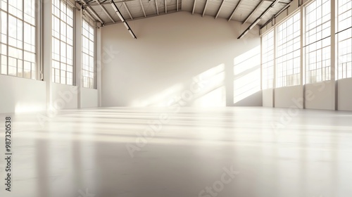 Obraz na płótnie Large empty industrial warehouse space with high ceilings, bright windows, and reflective floors. w salonie