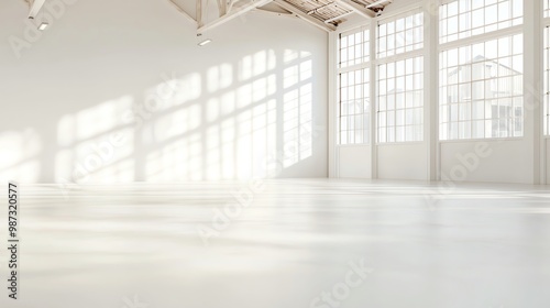 Spacious empty white loft interior with large windows and natural light. Ideal for events, art galleries, and photography.