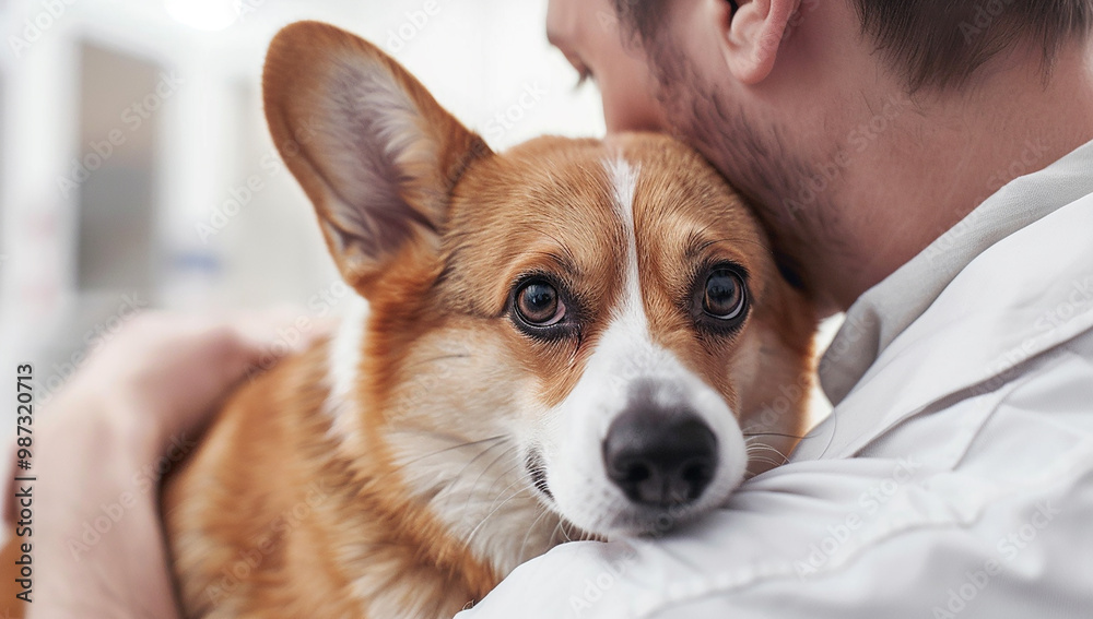 Man holding corgi dog in animal hospital Man holding corgi dog in animal hospital