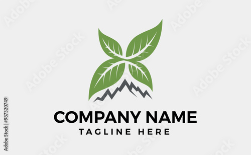 Leaf logo branding design combined with mountains. Editable vector art and illustration.