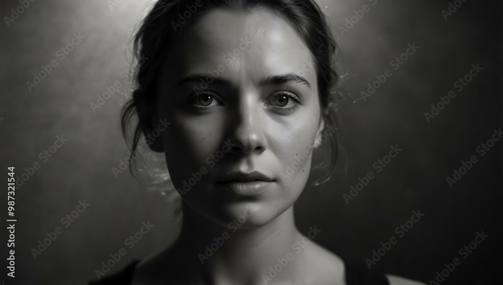 A monochrome portrait of a woman against a sunray background.