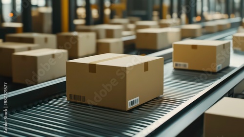 A single brown cardboard box moves along a conveyor belt in a warehouse.