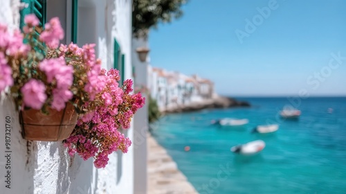 An idyllic coastal village scene featuring vibrant pink flowers in close-up, contrasted with turquoise waters and white-washed buildings that create a serene atmosphere.