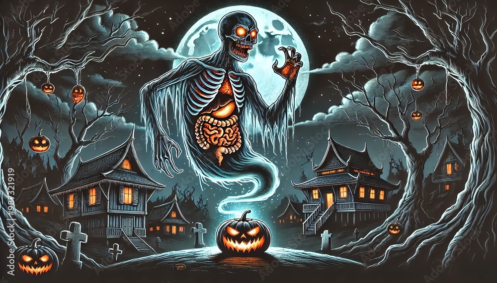 Obraz premium A spooky Halloween scene featuring a skeleton ghost, glowing pumpkins, and eerie houses under a full moon.