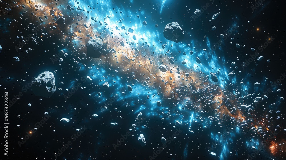 Realistic sci-fi space scene with asteroids and a huge hole in the planet's surface from asteroid impact. Realistic sci-fi space scene with asteroids and a huge hole in the planet's surface from asteroid impact.