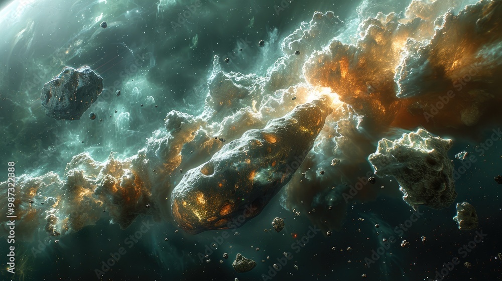 Realistic sci-fi space scene with asteroids and a huge hole in the planet's surface from asteroid impact. Realistic sci-fi space scene with asteroids and a huge hole in the planet's surface from asteroid impact.